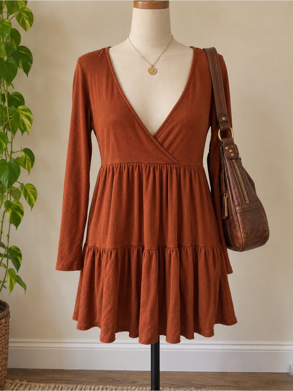 Free People Rust Long Sleeve V-Neck Tiered Mini Dress